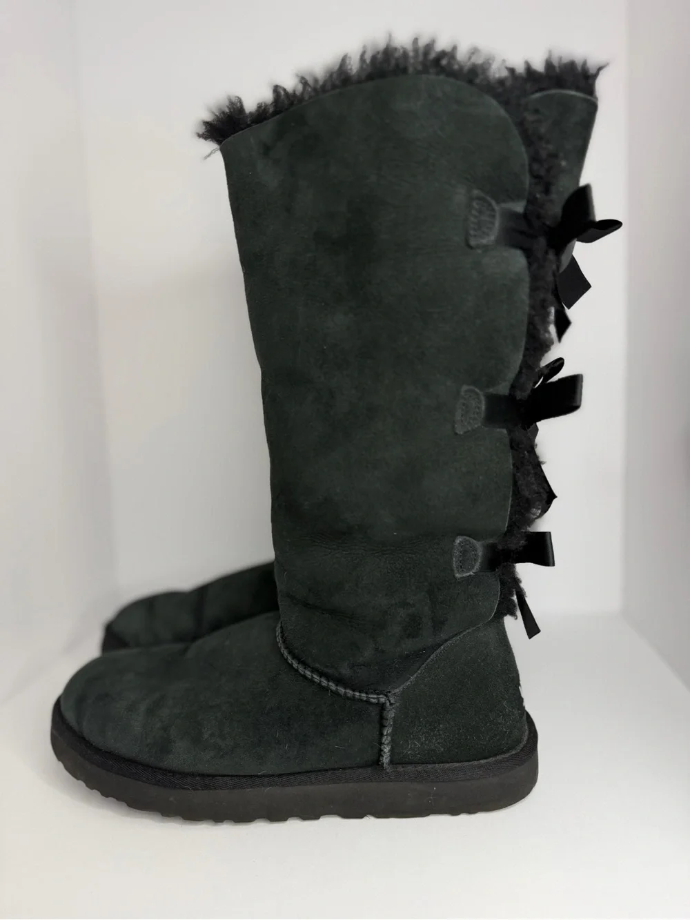 UGG Tall Black Suede Shearling-Trim Boots with Back Bow Accents size 10